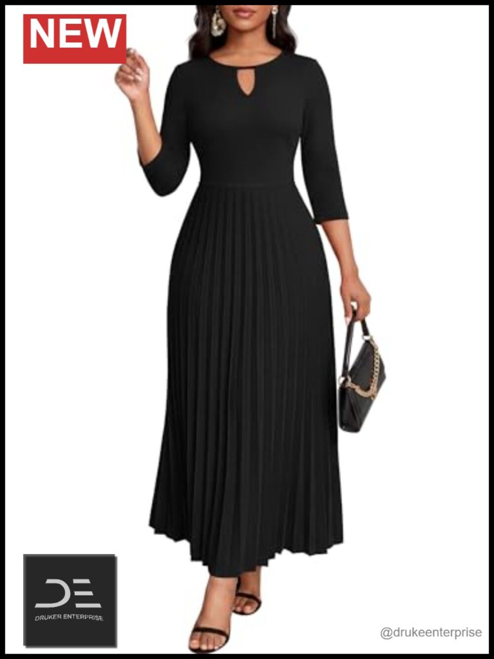 Women's Pleated Keyhole A-Line Maxi Dress 3/4 Sleeve Formal Church Dress